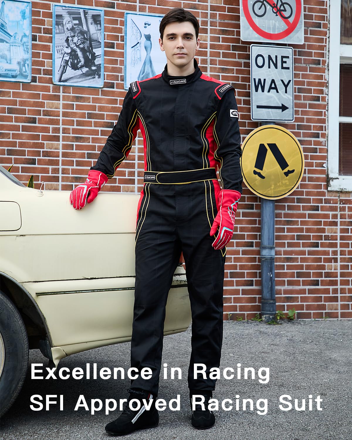 J-RACING racing suit back view, ergonomic fit for intense racing.