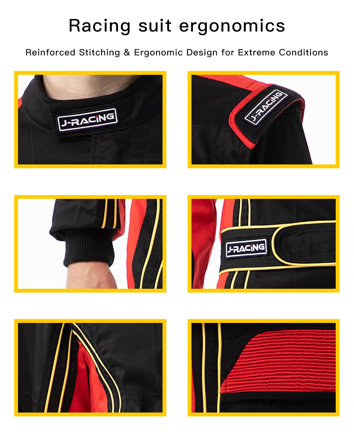 J-RACING racing suit with elastic cuffs and ribbed legs improves mobility and fit.