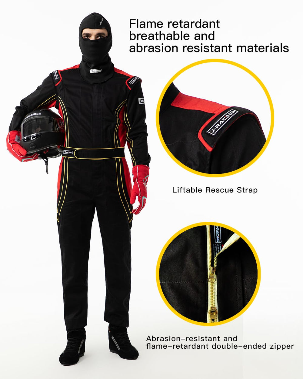 J-RACING racing suit uses flame-retardant YKK zippers for easier on/off and extra protection.