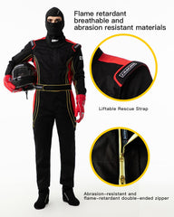 J-RACING racing suit uses flame-retardant YKK zippers for easier on/off and extra protection.