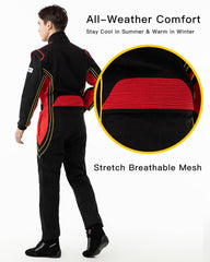 J-RACING racing suit with liftable shoulder straps enables quick, safe driver extraction.