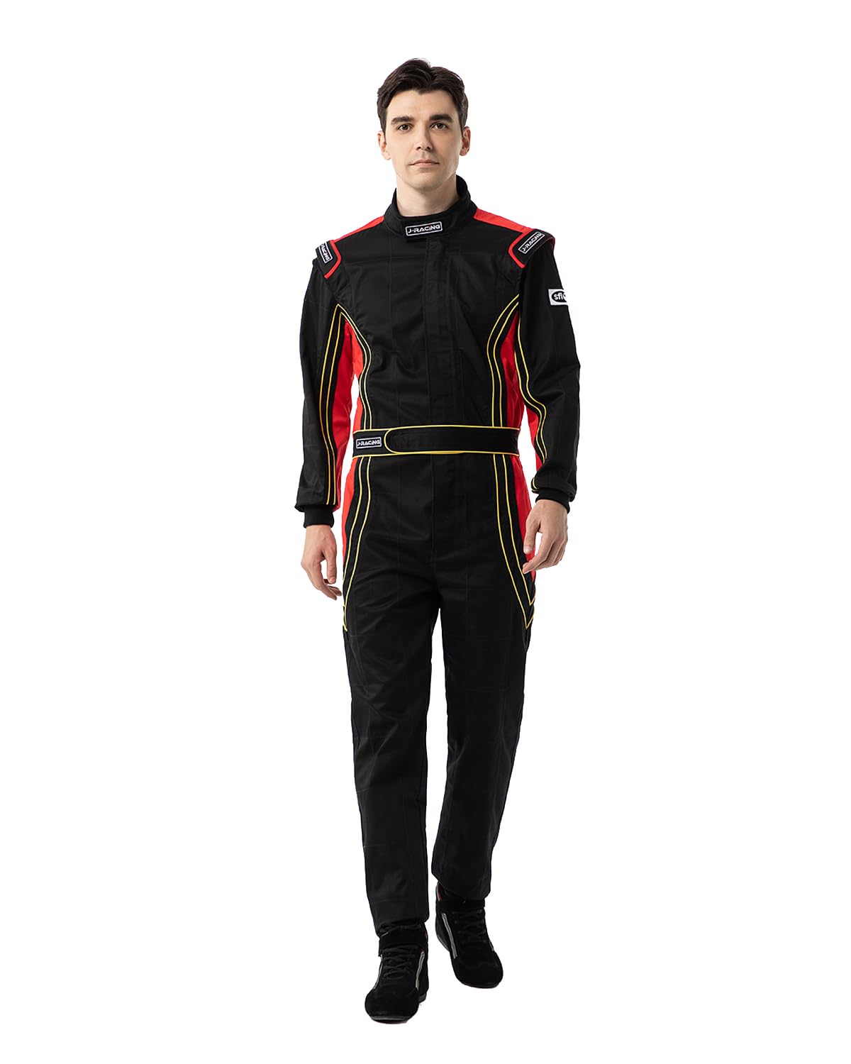 J-RACING racing suit with full-coverage one-piece design for safe, comfortable karting.