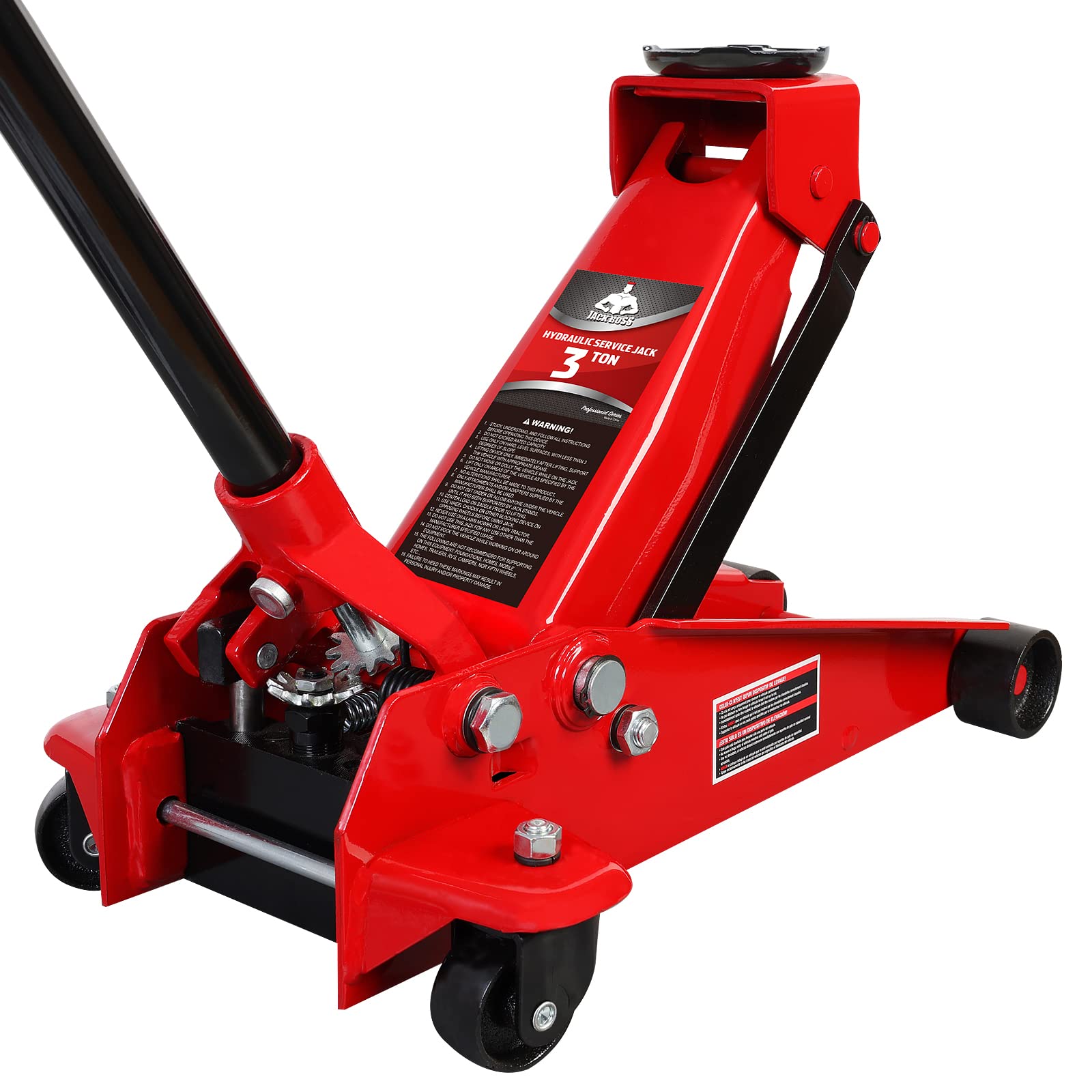 Jack Boss floor jack delivers 3-ton capacity for reliable lifting.