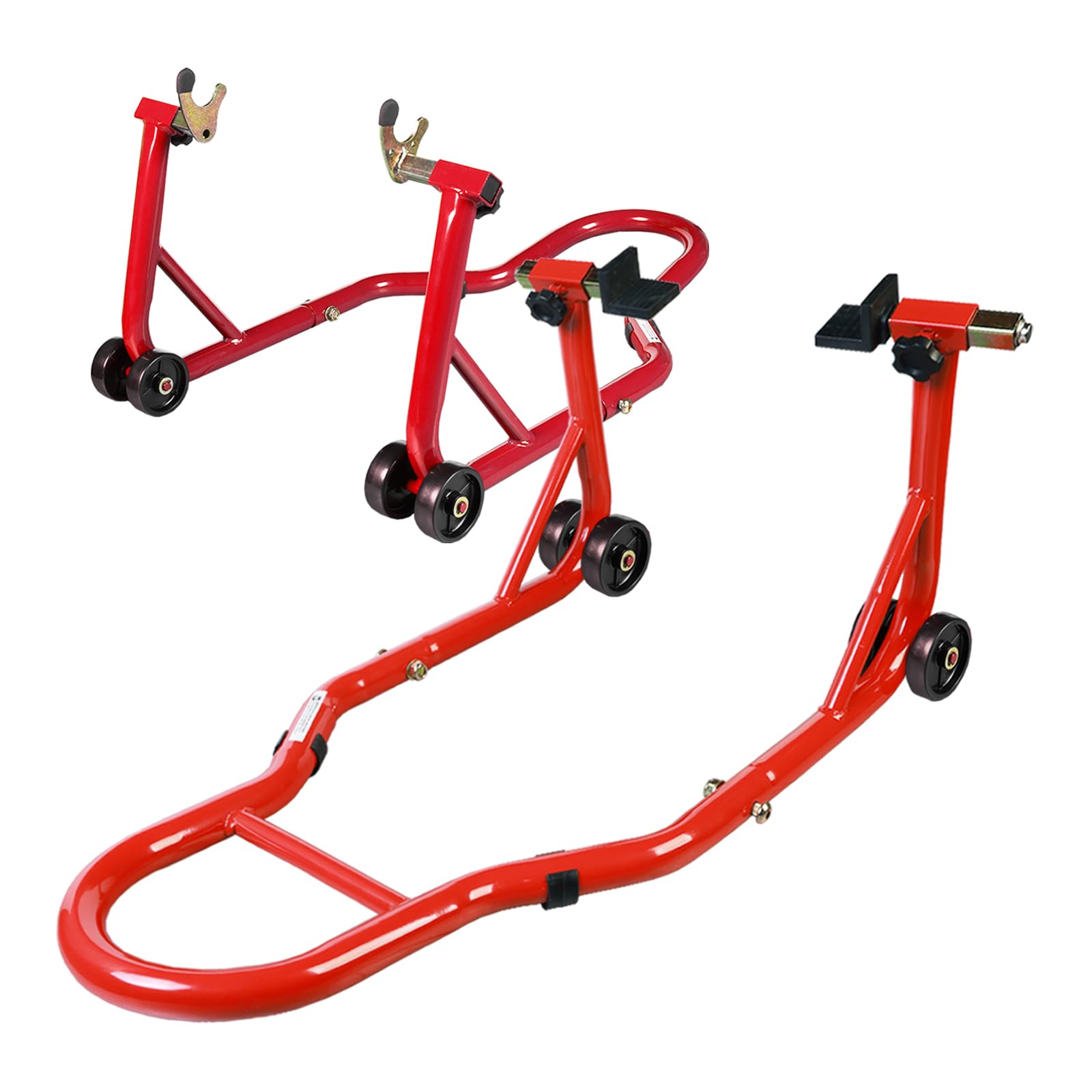 Jack Boss front fork stand stabilizes the bike for maintenance.