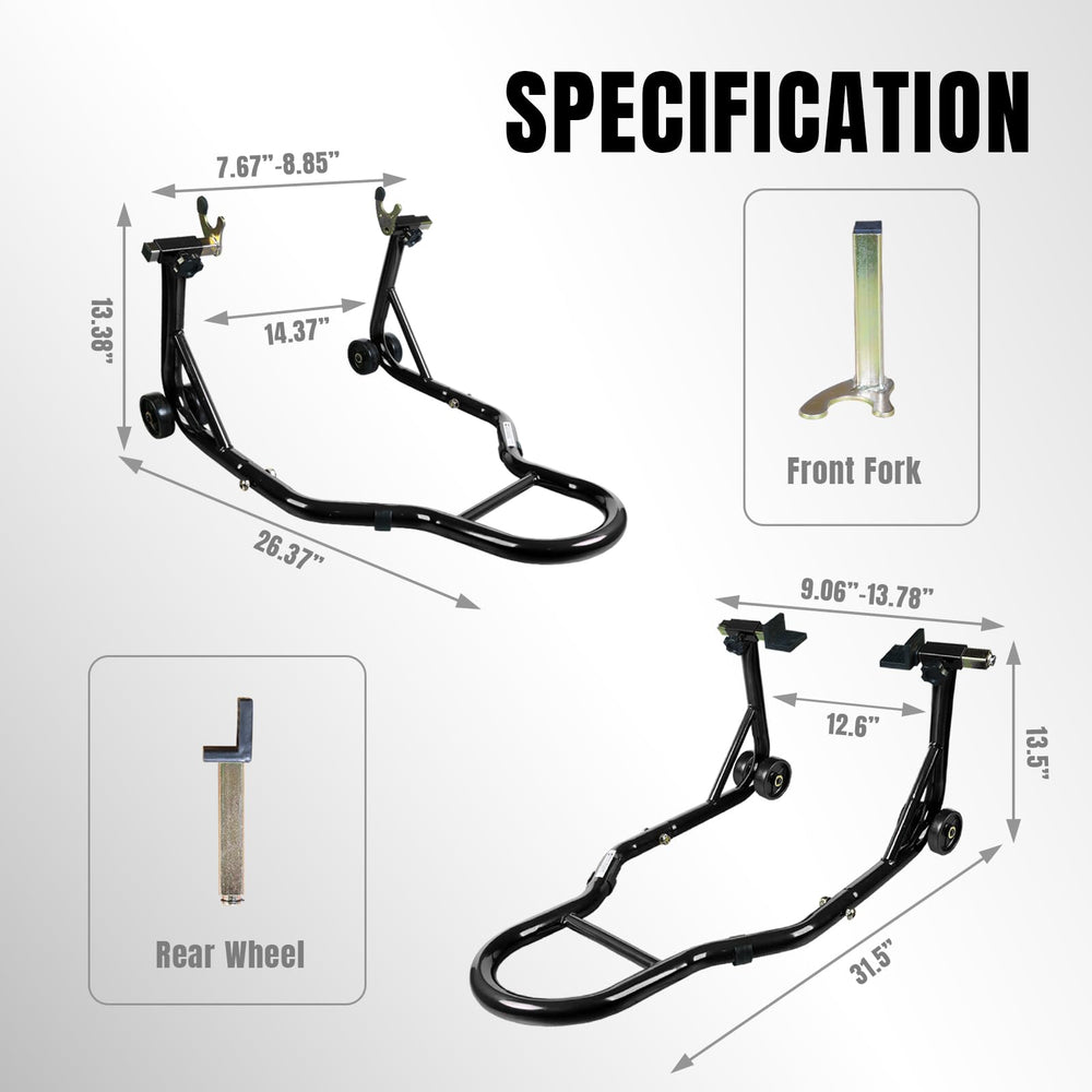 Jack Boss rear swingarm spool stand secures the rear wheel during service.