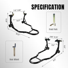 Jack Boss rear swingarm spool stand secures the rear wheel during service.