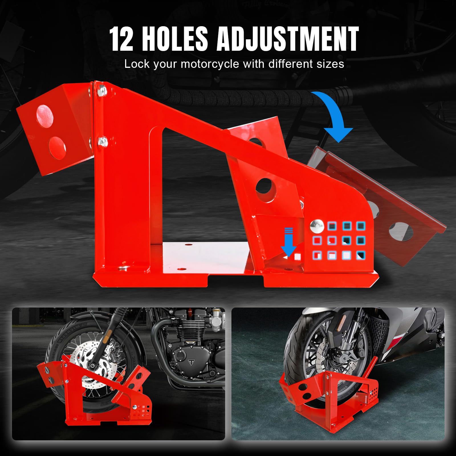 Jack Boss wheel chock adjustable holes enable precise tire width fits.