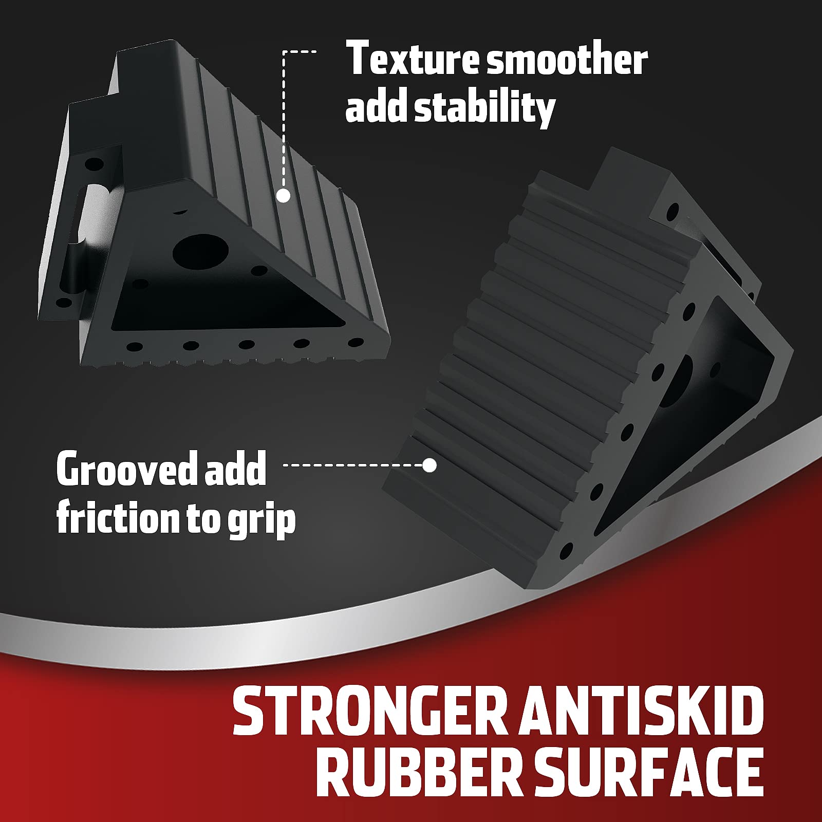 Jack Boss wheel chocks feature a triangular design for extra stability on varied floors.