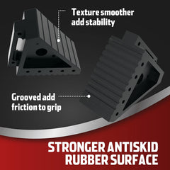 Jack Boss wheel chocks feature a triangular design for extra stability on varied floors.