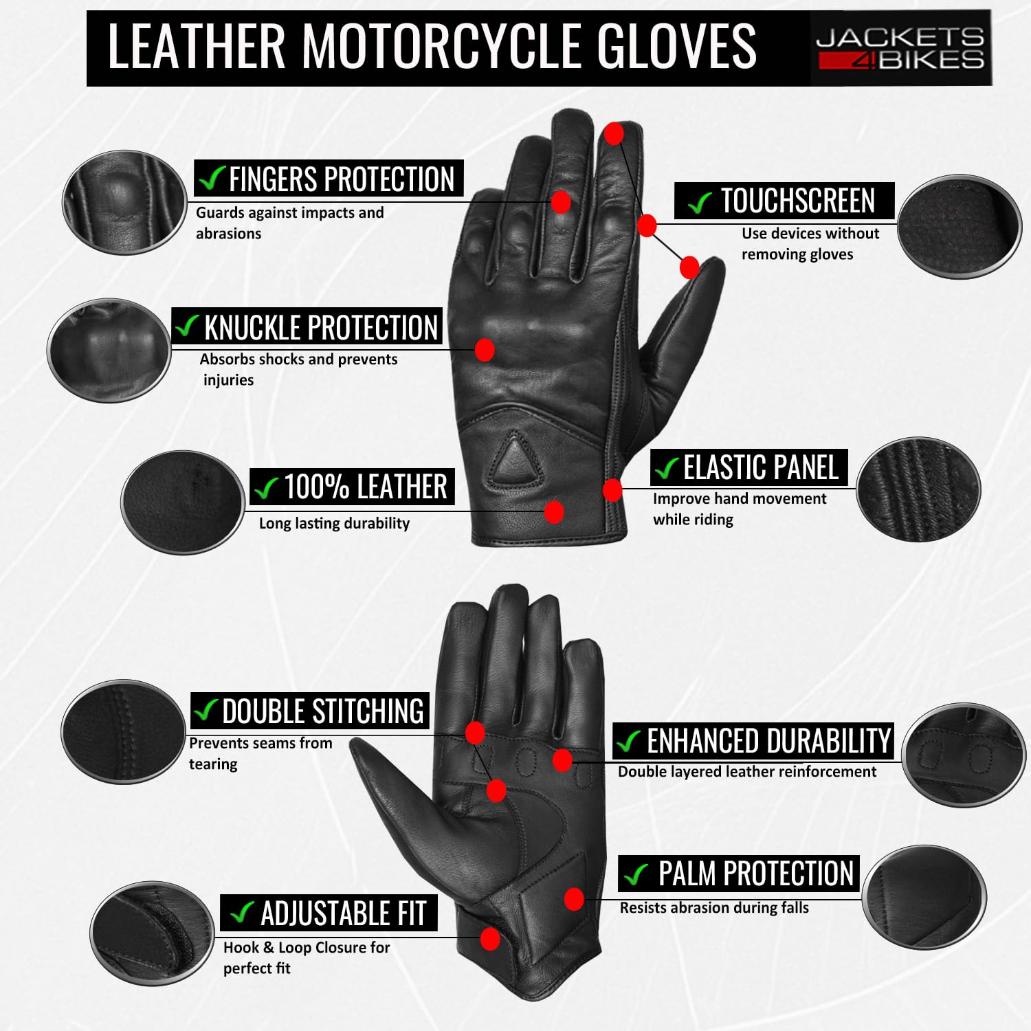 Jackets 4 Bikes gloves with reinforced stitching at the wrist and cuff for longevity.