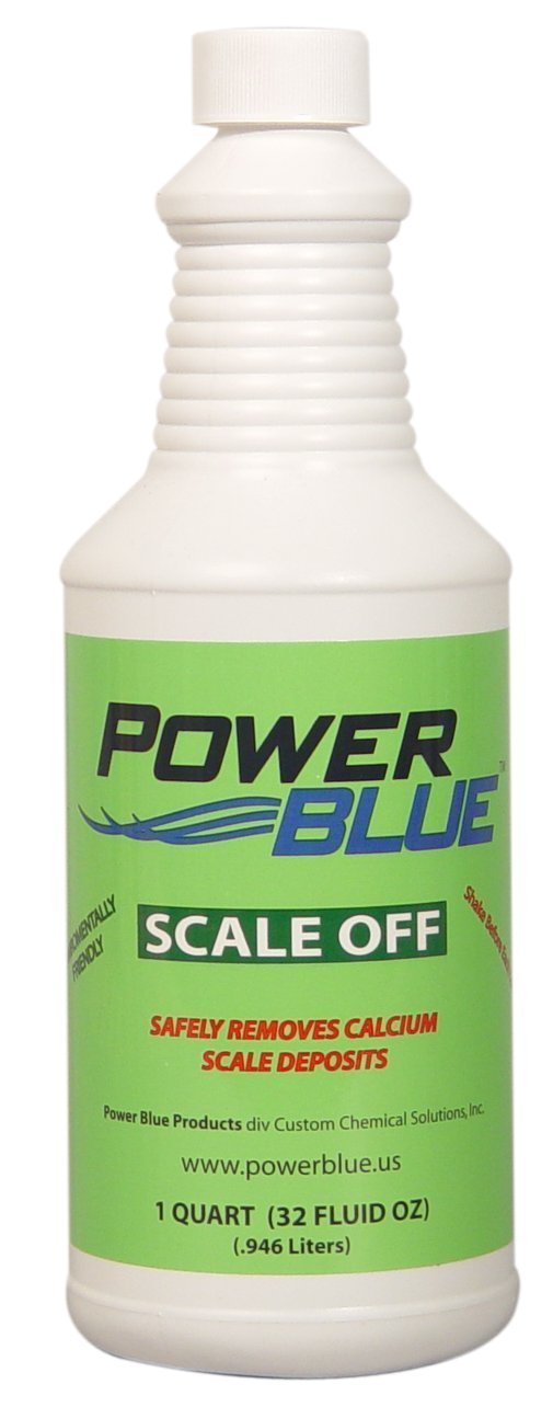 Jack's Magic Power Blue Scale Off bottle applying to tile to remove calcium scale.