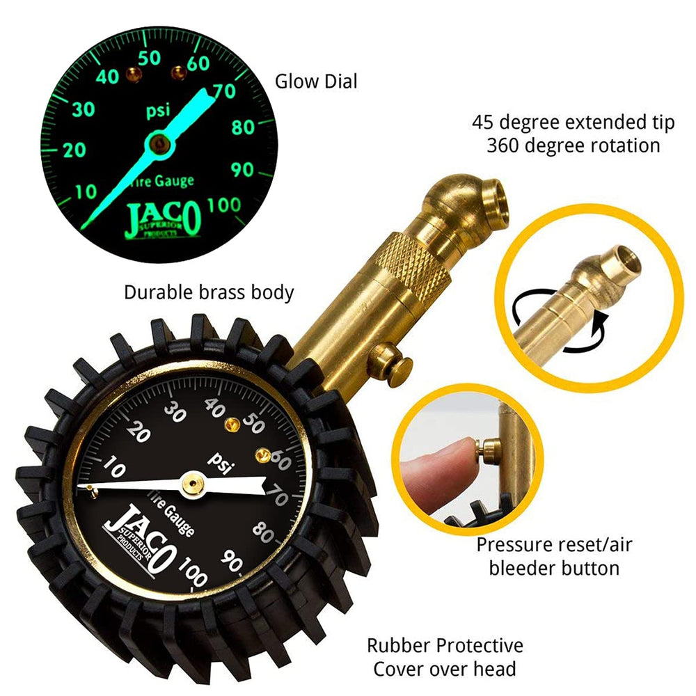 JACO Elite brass stem close-up for stable tire pressure checks.