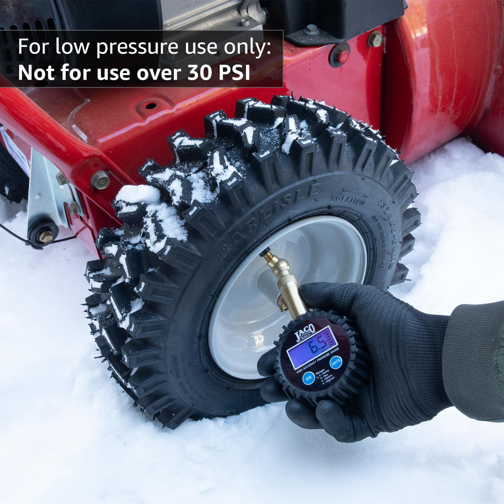 JACO Elite Digital Low Pressure Tire Gauge 360-degree chuck in use