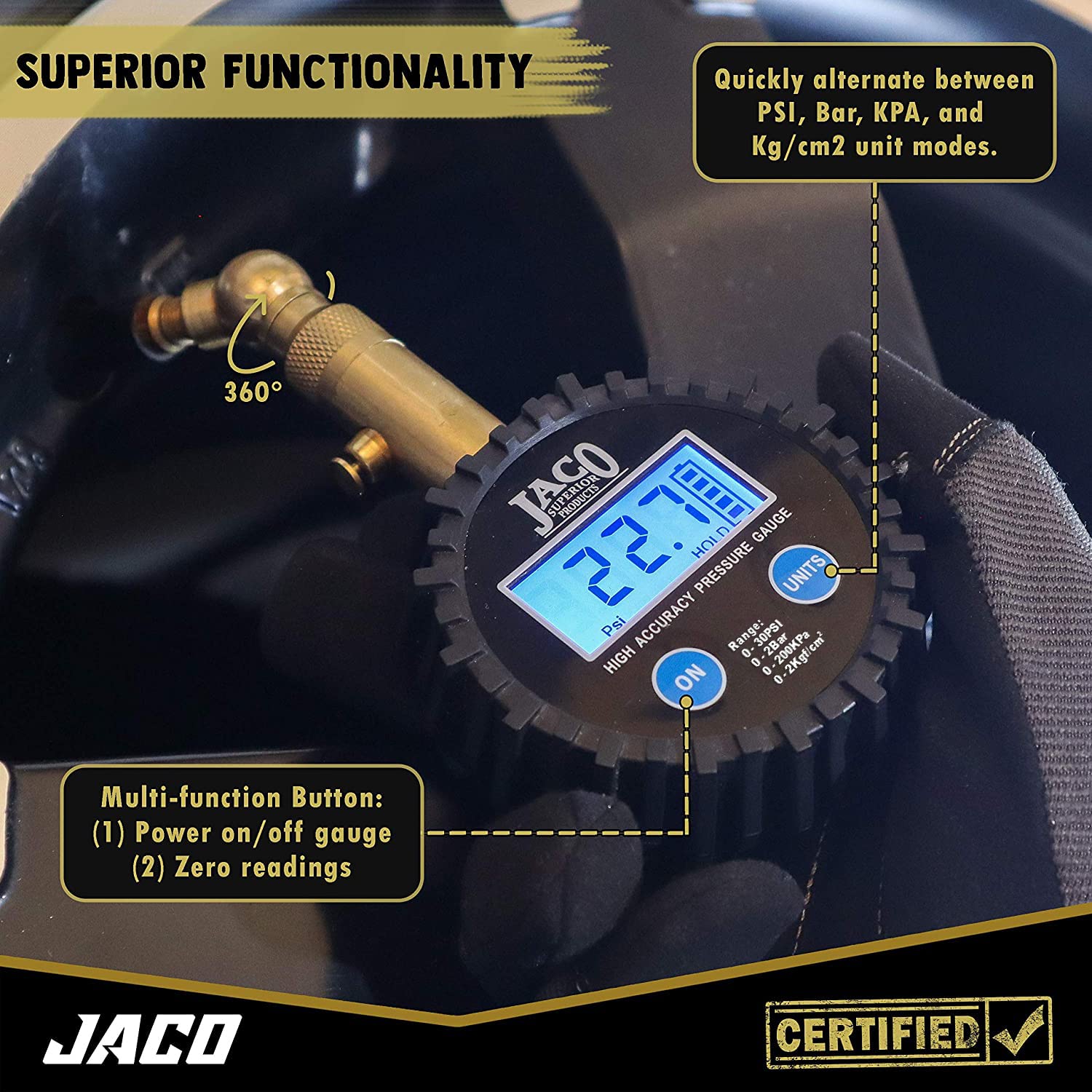 JACO Elite Digital Low Pressure Tire Gauge air bleeder valve feature