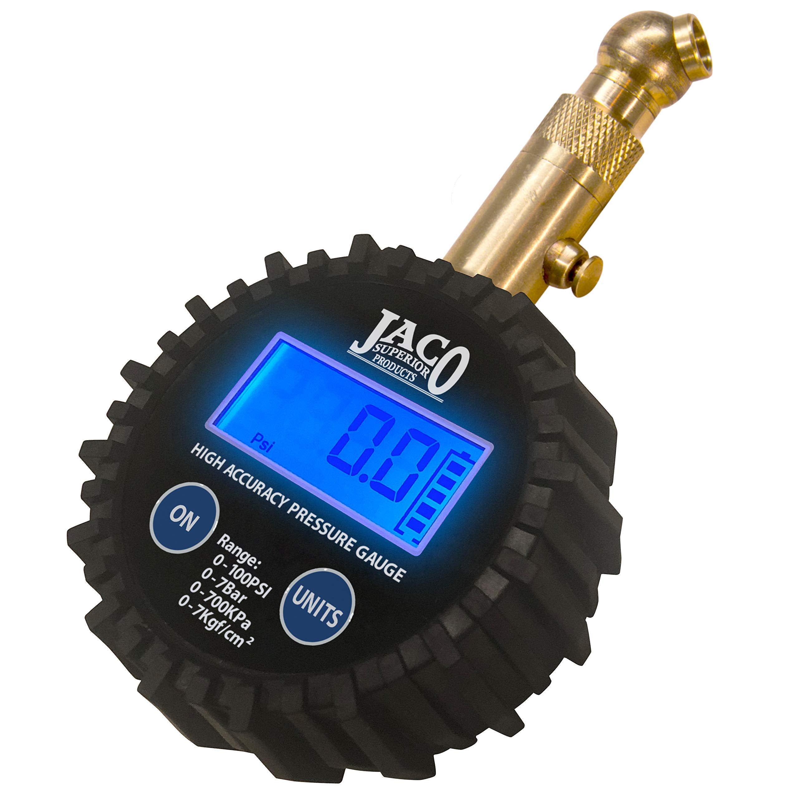 JACO Elite digital tire pressure gauge with angled chuck for quick, accurate valve access.