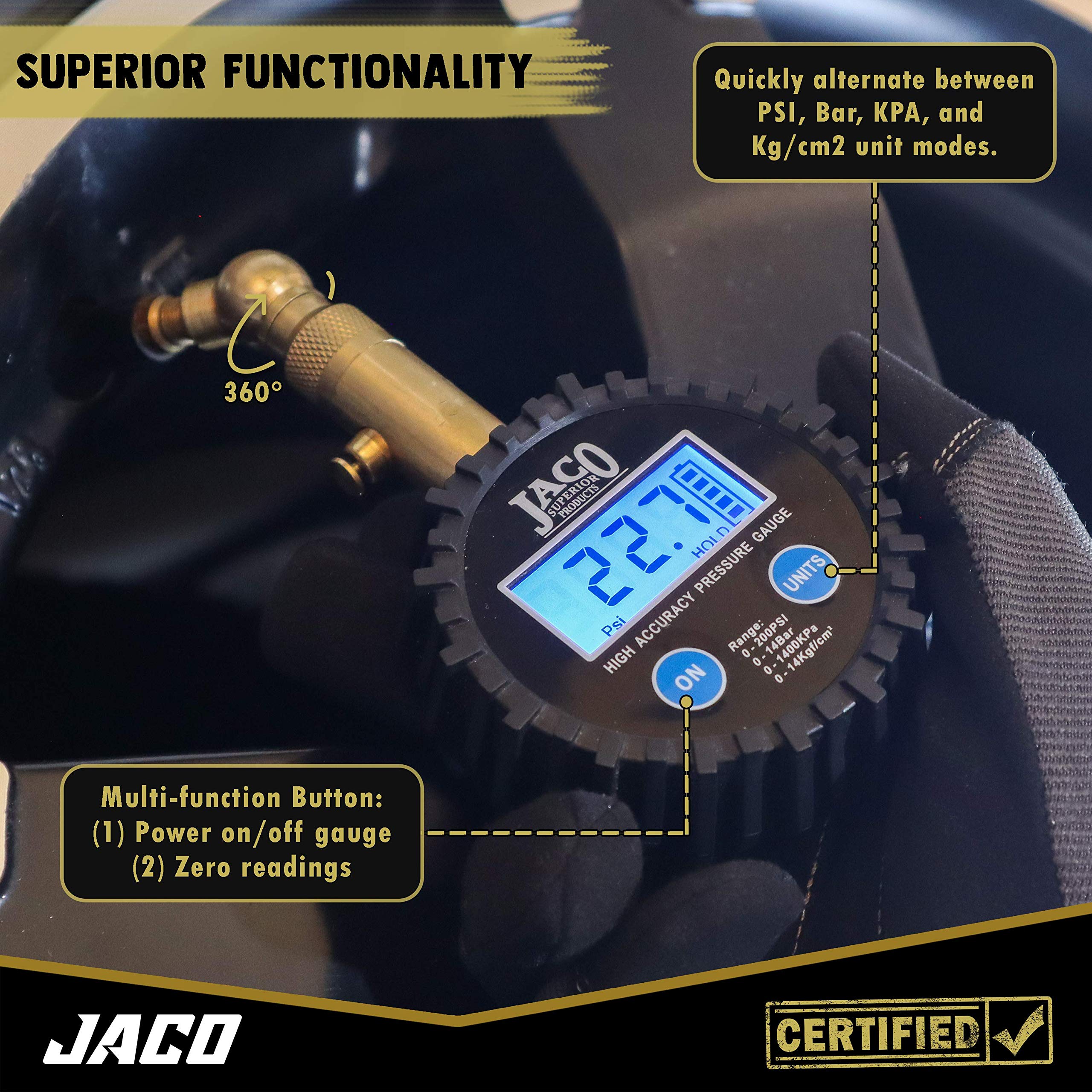 JACO Elite backlit LCD for clear readings in low light conditions.