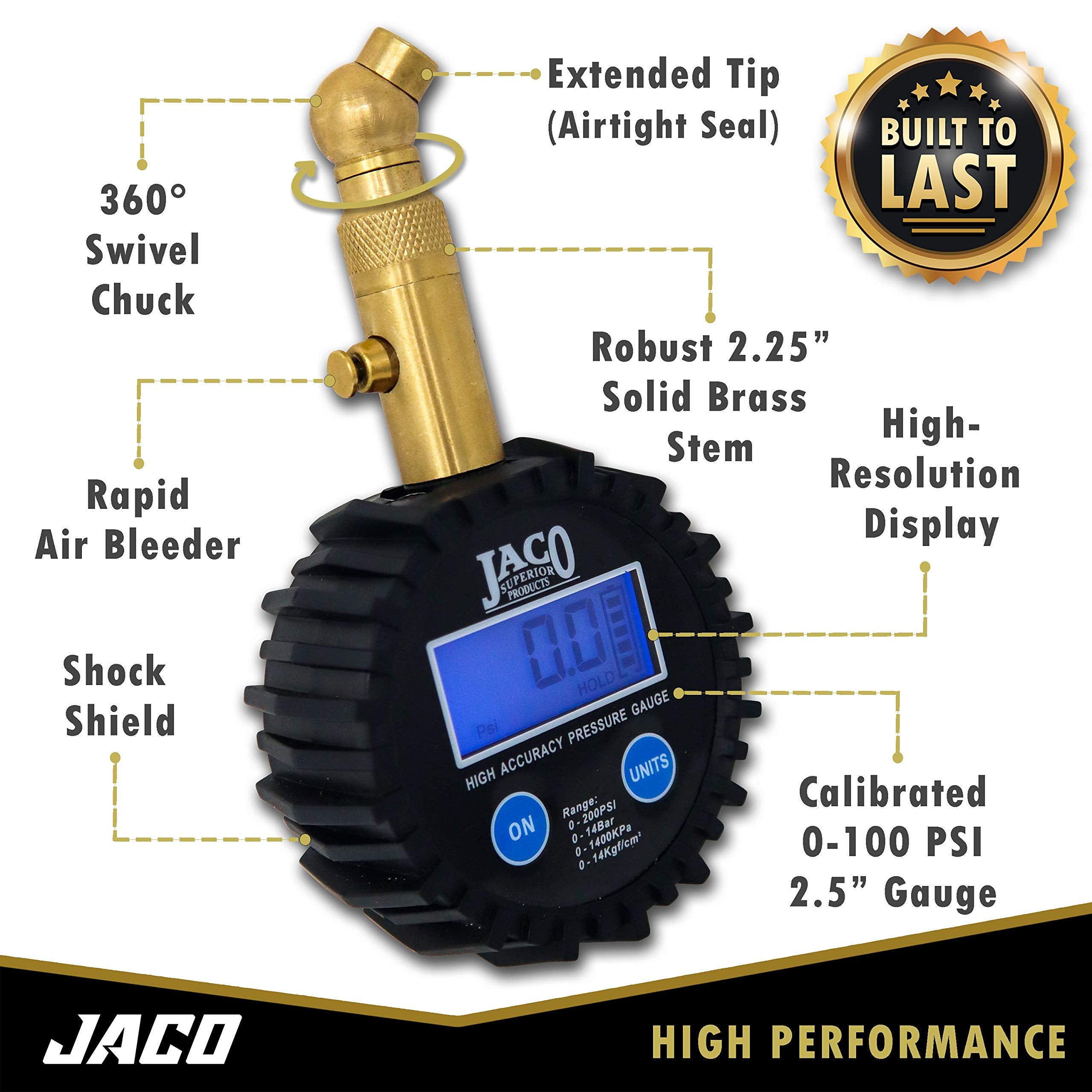 JACO Elite display close-up showing precise PSI readout for tire checks.