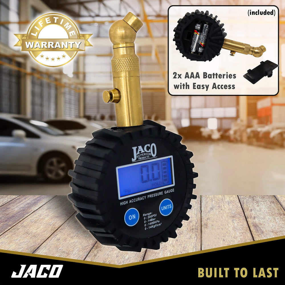 JACO Elite in use on a vehicle, ensuring proper tire pressure checks.