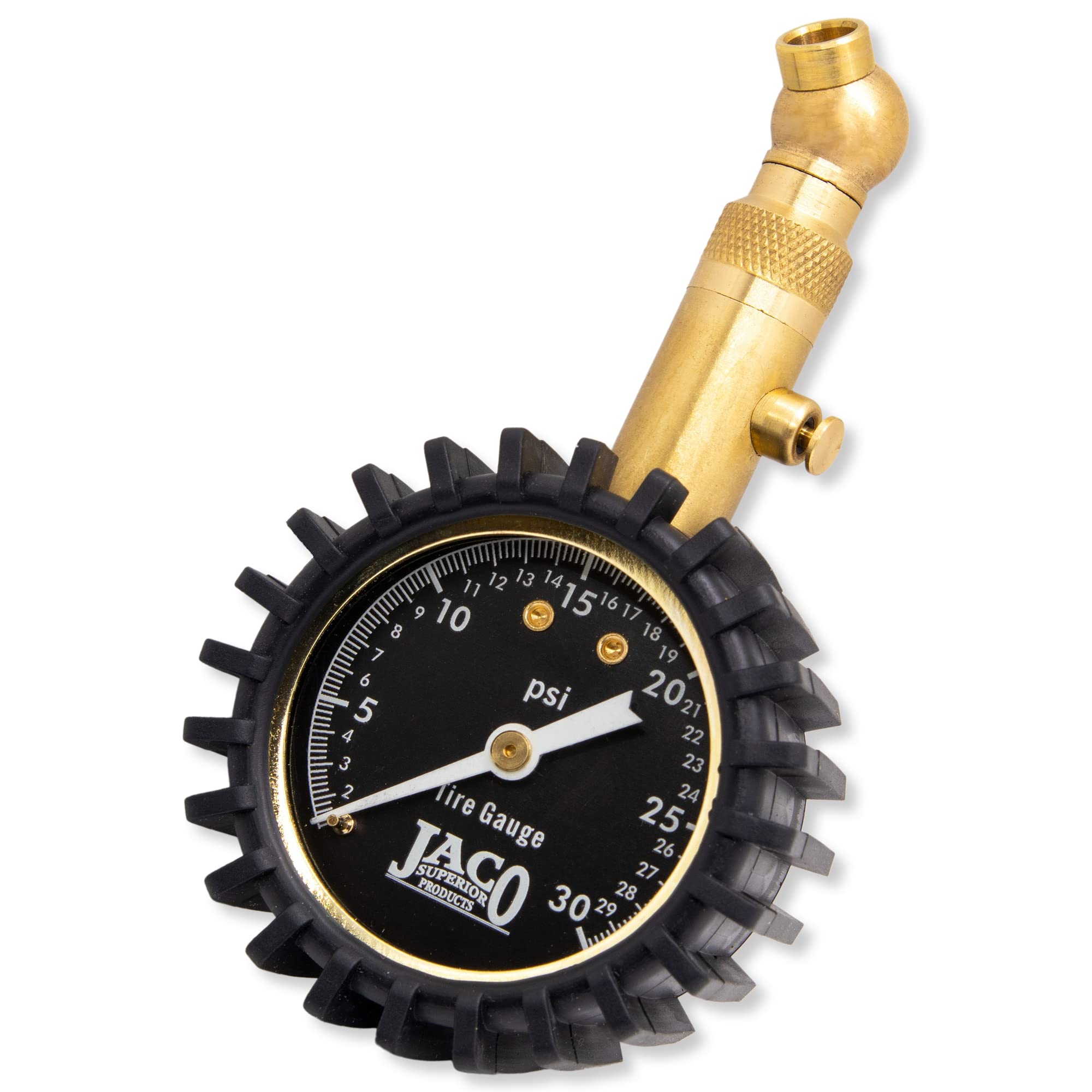 JACO Elite tire gauge dial close-up shows precise 0-30 PSI reading for low-pressure checks.