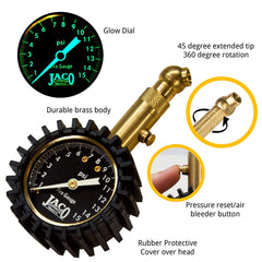 JACO Elite brass stem emphasizes rugged durability for frequent tire checks.