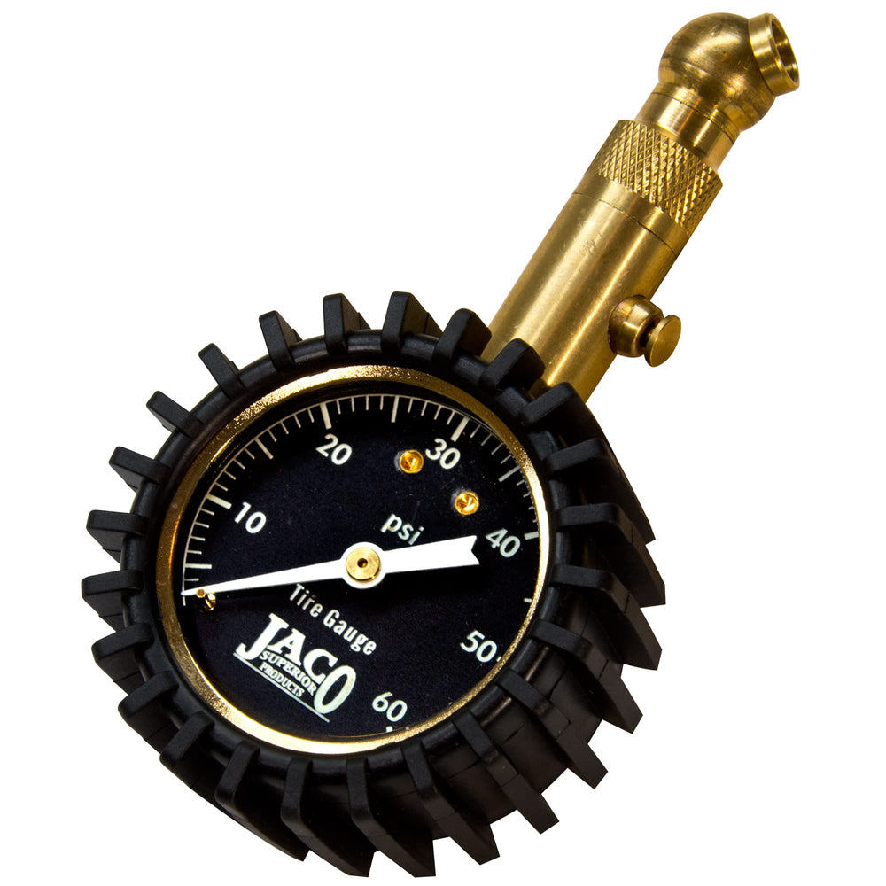 JACO Elite gauge with 60 PSI dial reads accurately for quick tire checks.