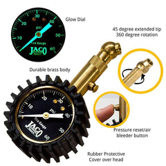 JACO Elite brass stem gauge offers durable performance for long-lasting tire pressure checks.