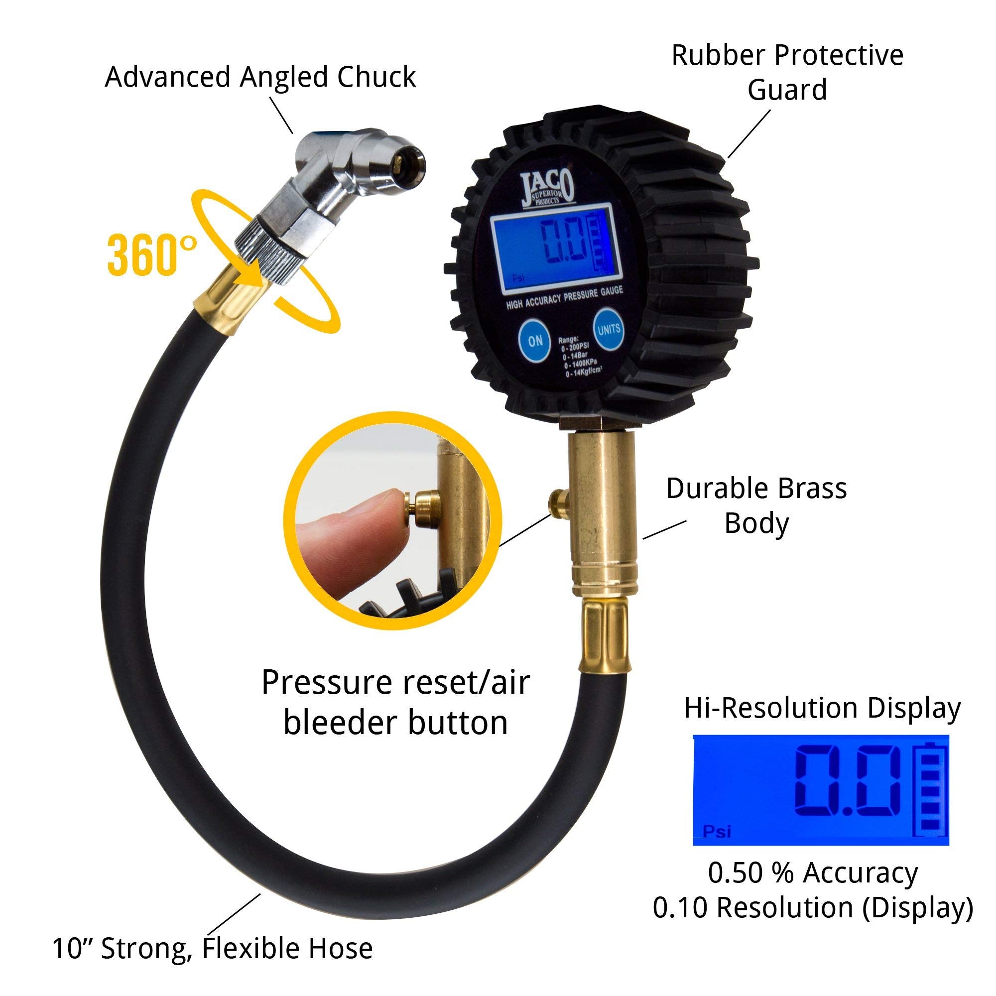 JACO ElitePro 360 swivel air chuck enables inflation from any angle.