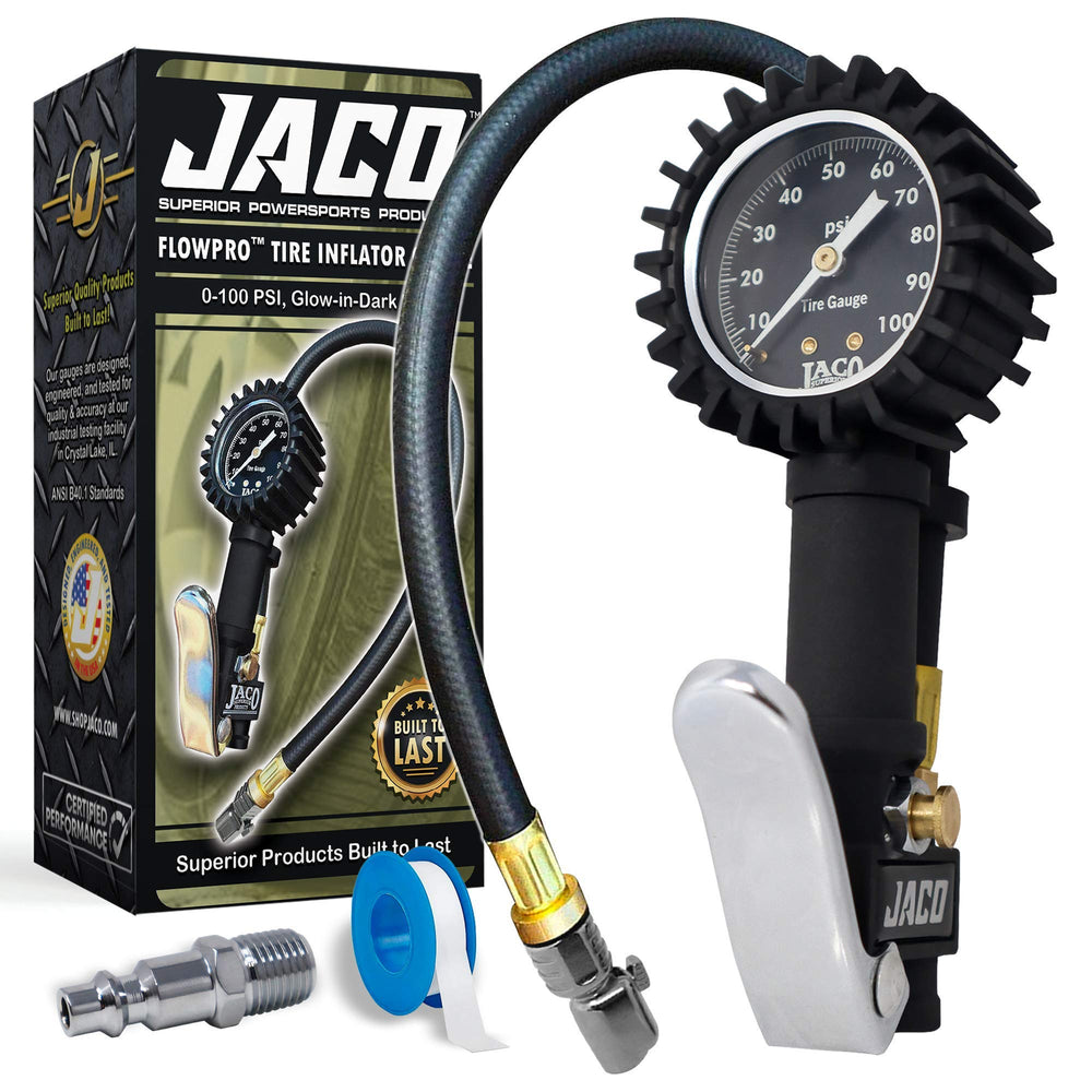 JACO FlowPro tire inflator gauge displaying precision up to 100 PSI for accurate inflation