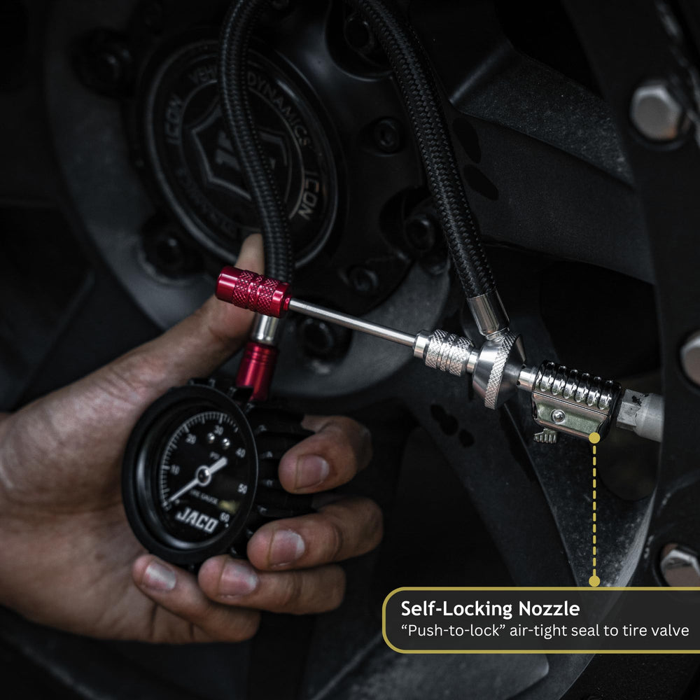JACO Lightning RX4 quick-connect nozzle locks securely for faster, reliable tire deflation.