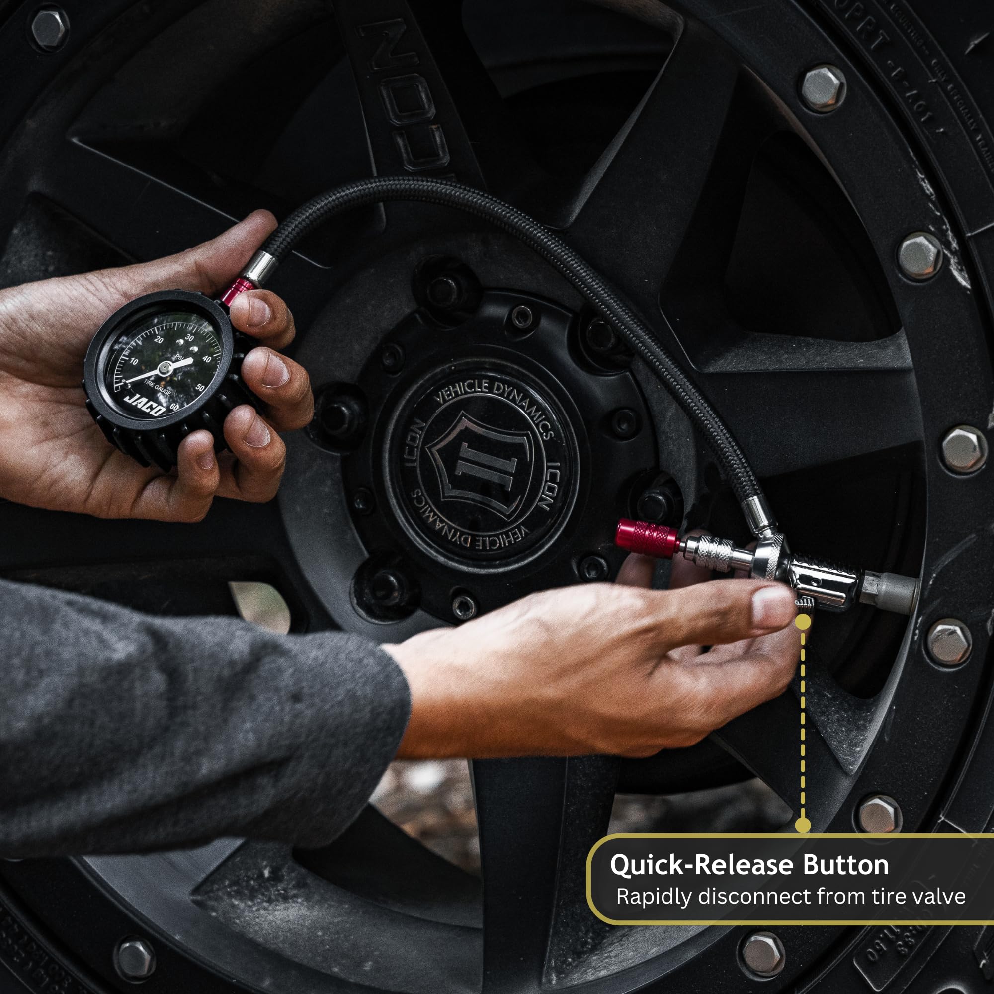 JACO RX4 quick-release button shown, enabling zero air loss during detachment.