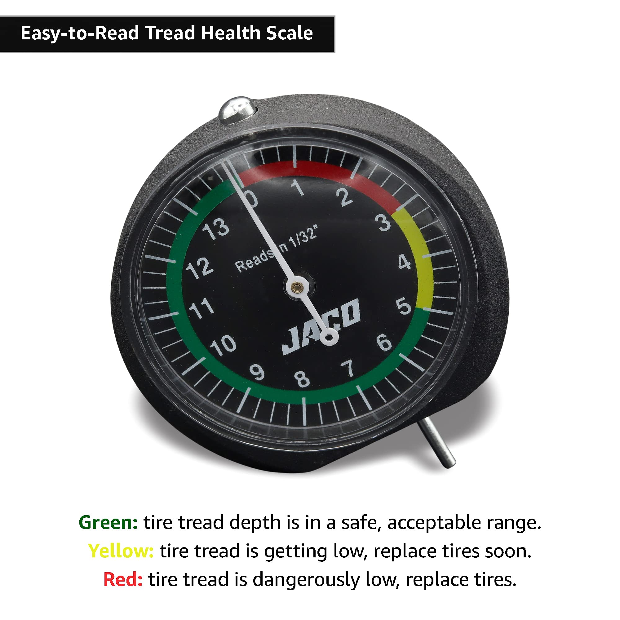 Color-coded scale quickly indicates safe, worn, or replacement tire conditions.