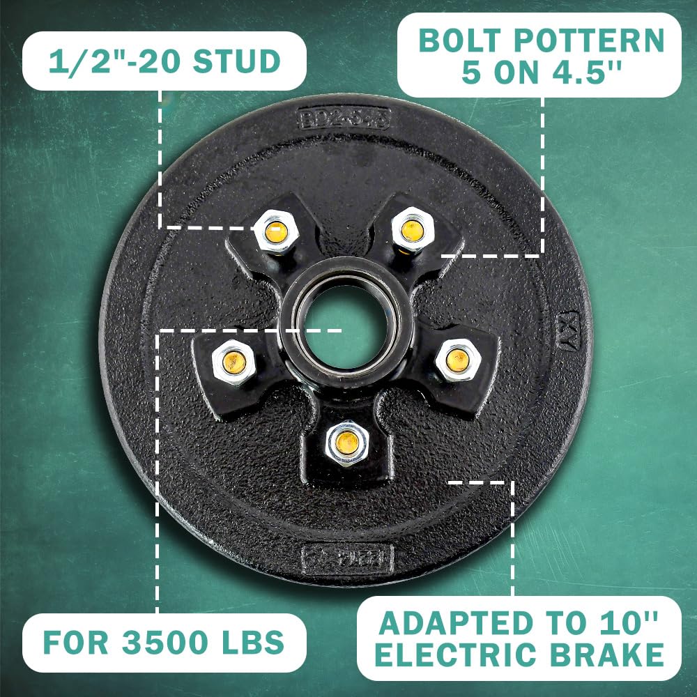 JADODE brake drum shows 5 on 4.5 bolt pattern with installed studs.