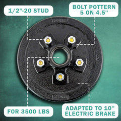 JADODE brake drum shows 5 on 4.5 bolt pattern with installed studs.