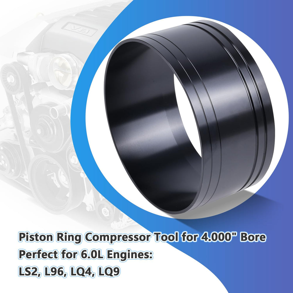 JADSOrBoBi piston ring compressor, side view, lightweight aluminum design for fitting.