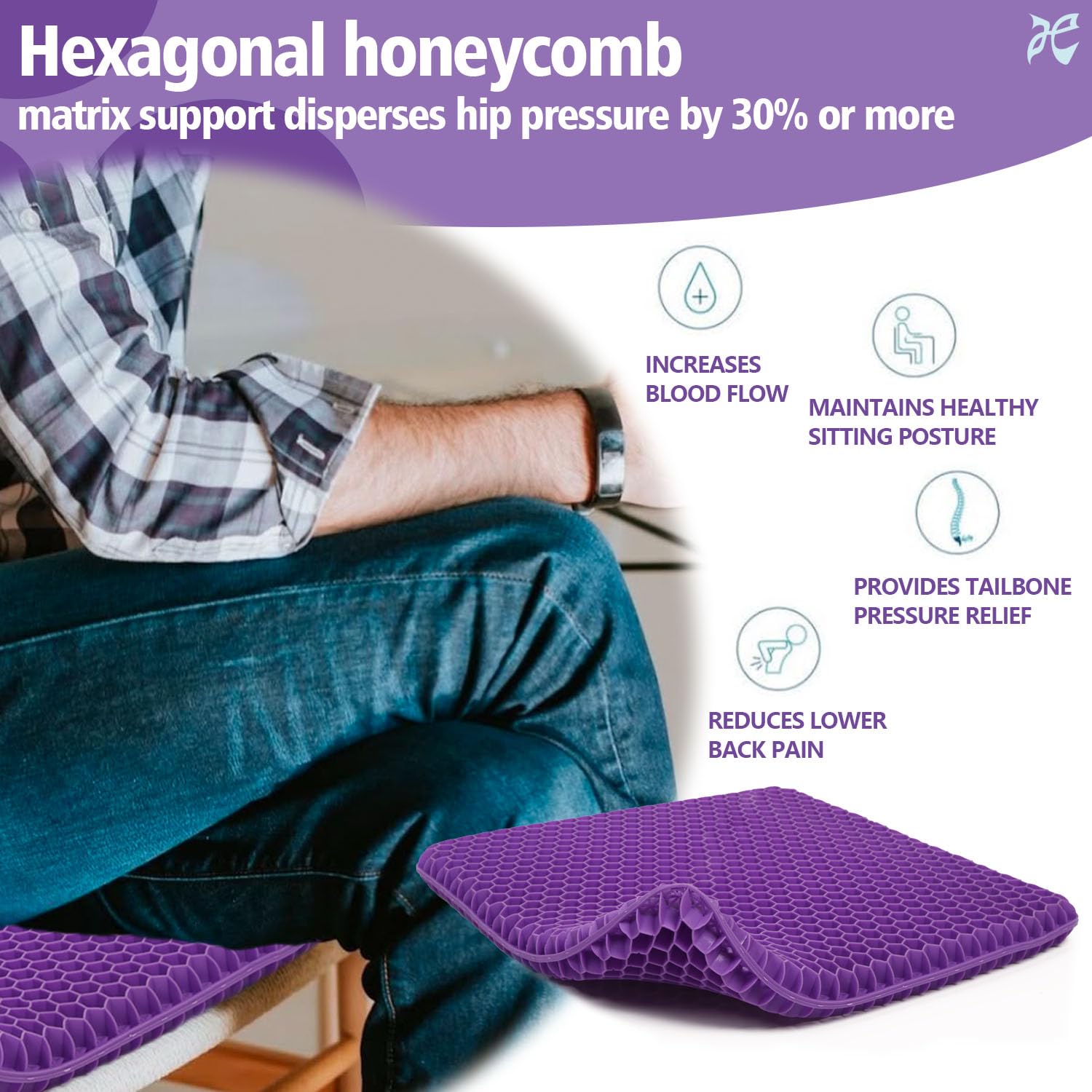 JAEMEYEM purple gel seat cushion on office chair demonstrates secure fit and stability