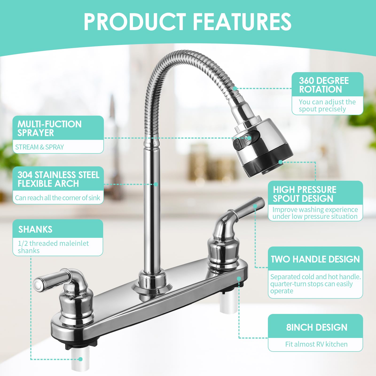 JAKARDA RV faucet two-handle control provides precise flow in small kitchens.