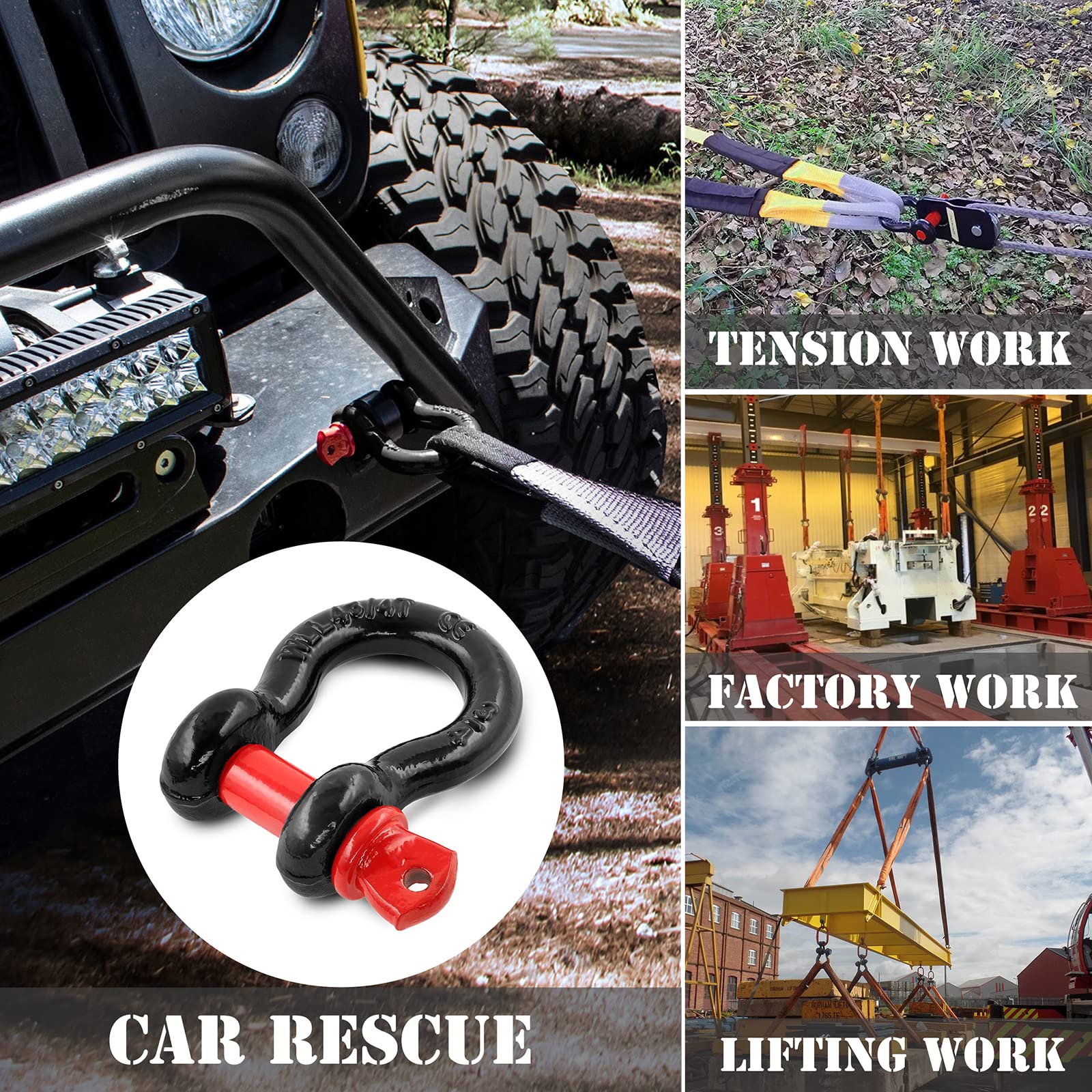 Jamiikury shackle with receiver hitch compatibility for Jeeps and trucks.