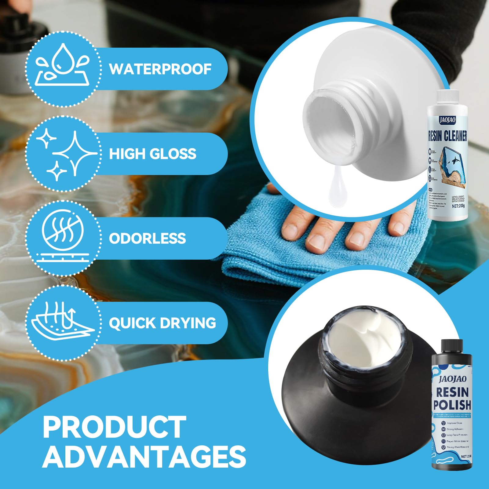 JAOJAO Resin Remover 200g removing stains and haze from surfaces.