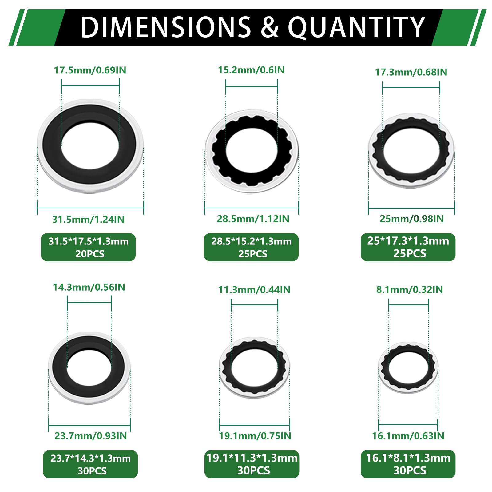 Japtend six-size gasket set laid out to show diverse dimensions for wide compatibility.