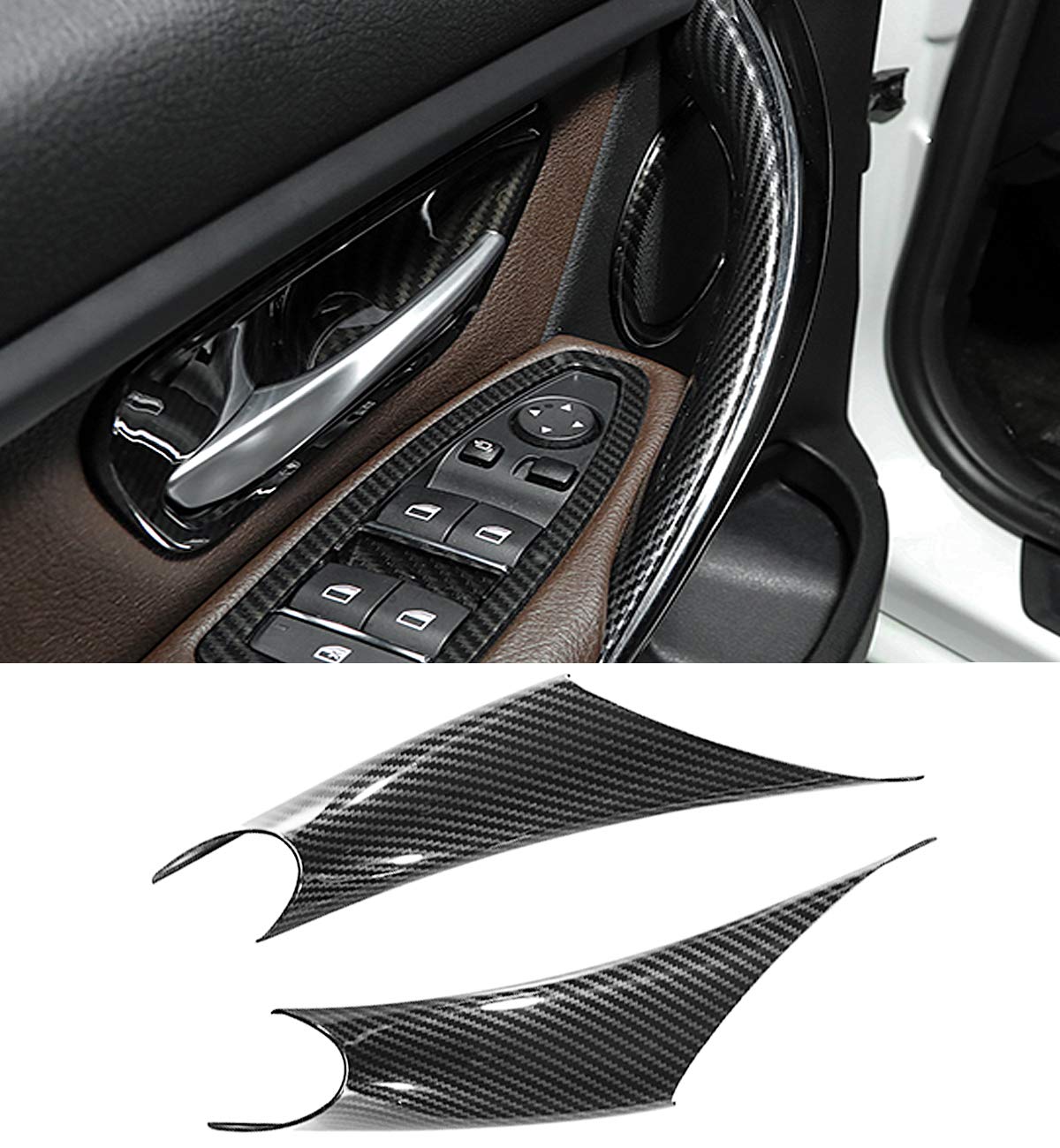 Jaronx carbon-fiber door handle cover on BMW, front driver view highlights protection and style