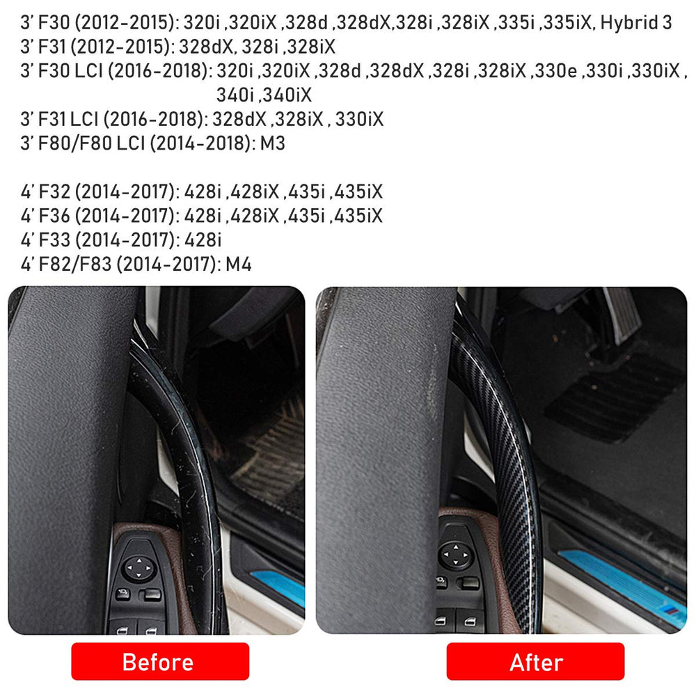 Jaronx carbon-fiber door handle cover on BMW, front passenger view adds premium texture