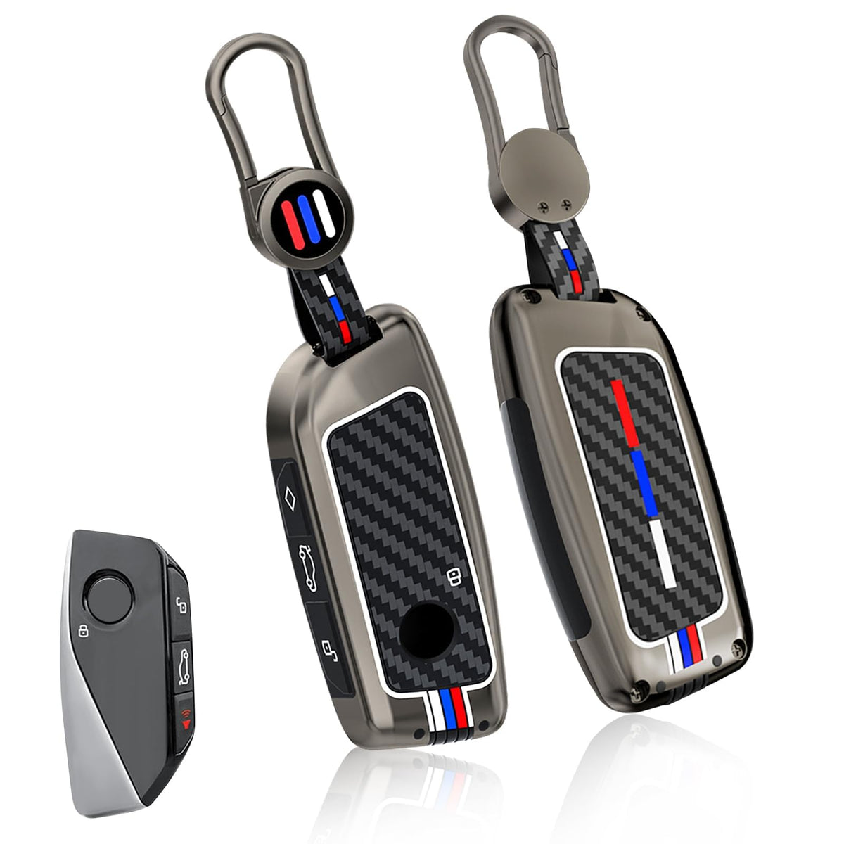 Jaronx BMW key fob cover with carbon fiber pattern and glow for night visibility