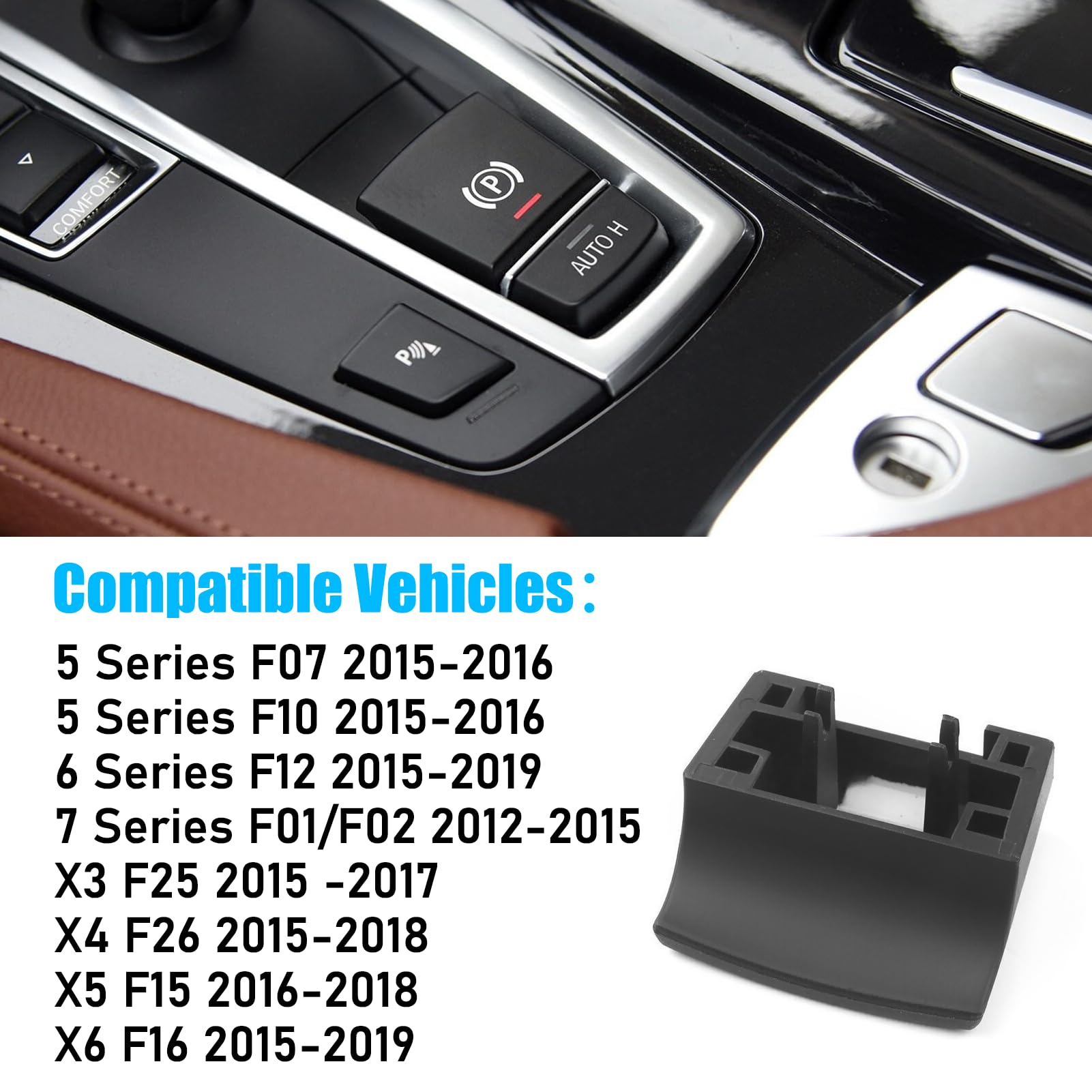 Jaronx parking brake cover installed on BMW dash for a clean look.