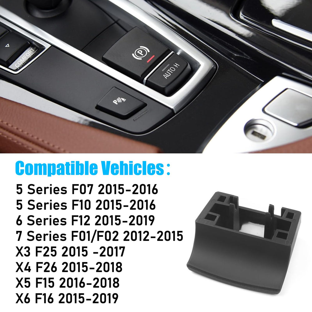 Jaronx parking brake cover installed on BMW dash for a clean look.