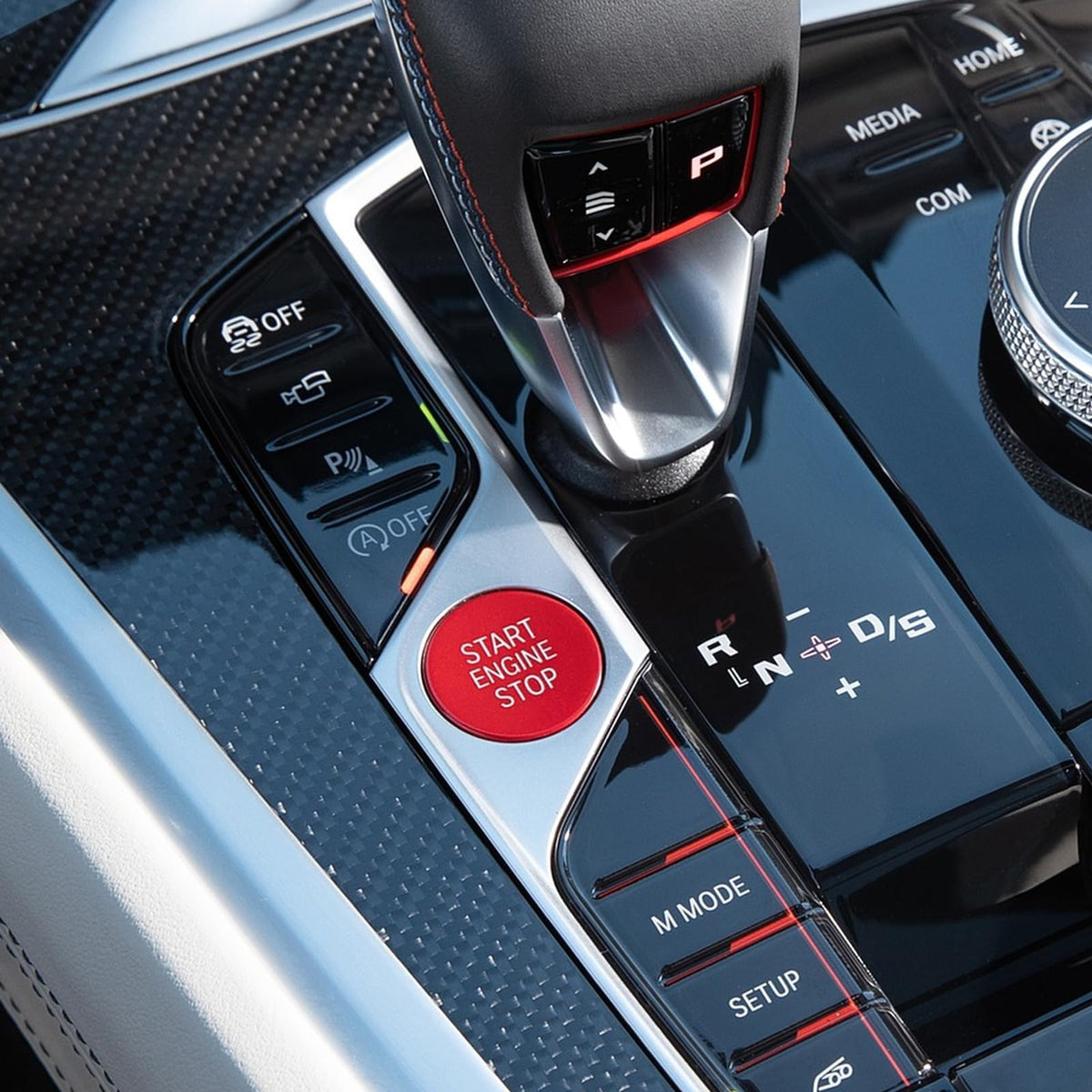 Jaronx BMW red start-stop button cover for a bold cockpit makeover.