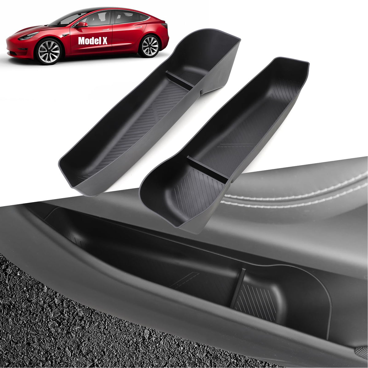 Jaronx Model X door side storage box 2-pack keeps sunglasses and keys organized.