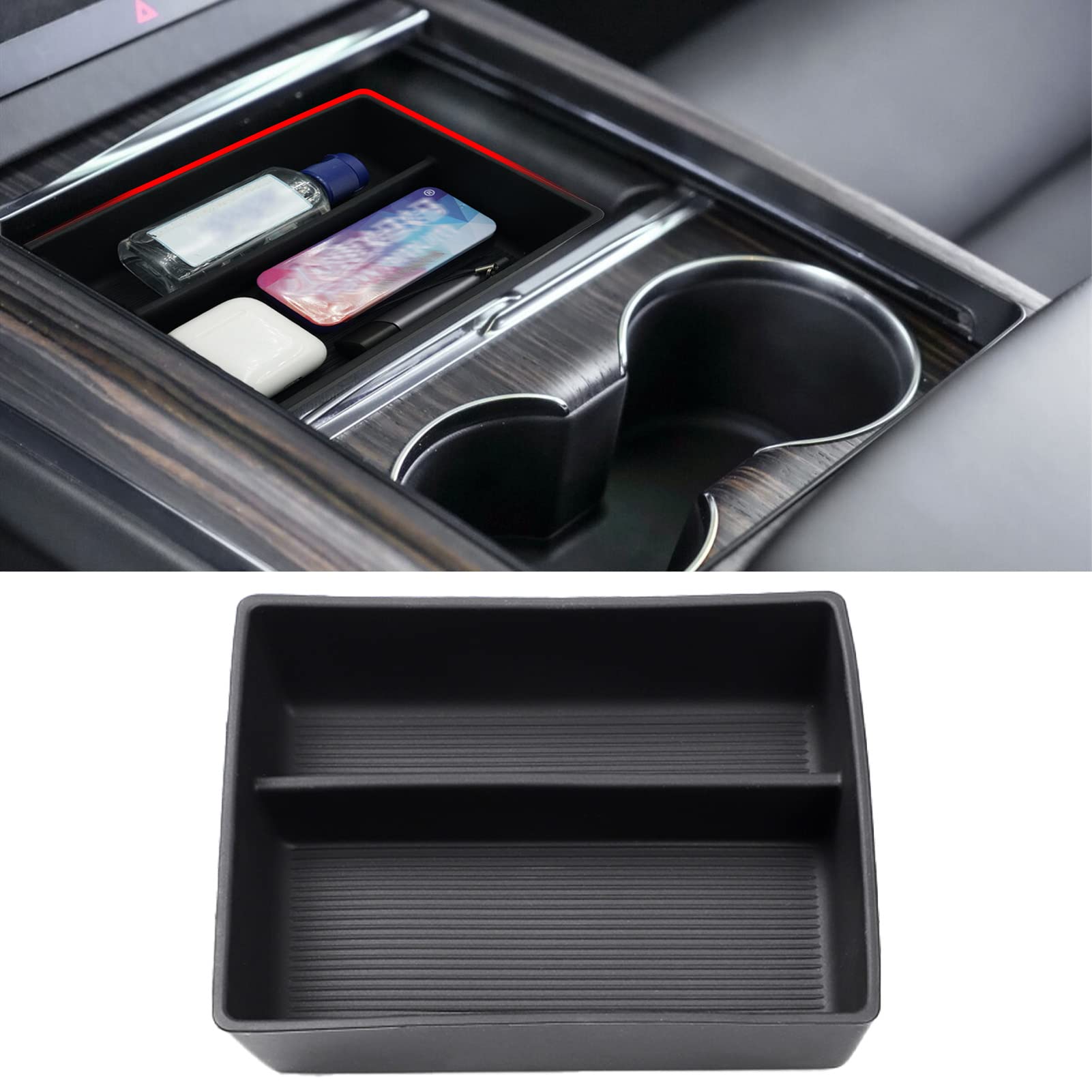Jaronx Tesla console organizer front view keeps Model S/X center clean and accessible.
