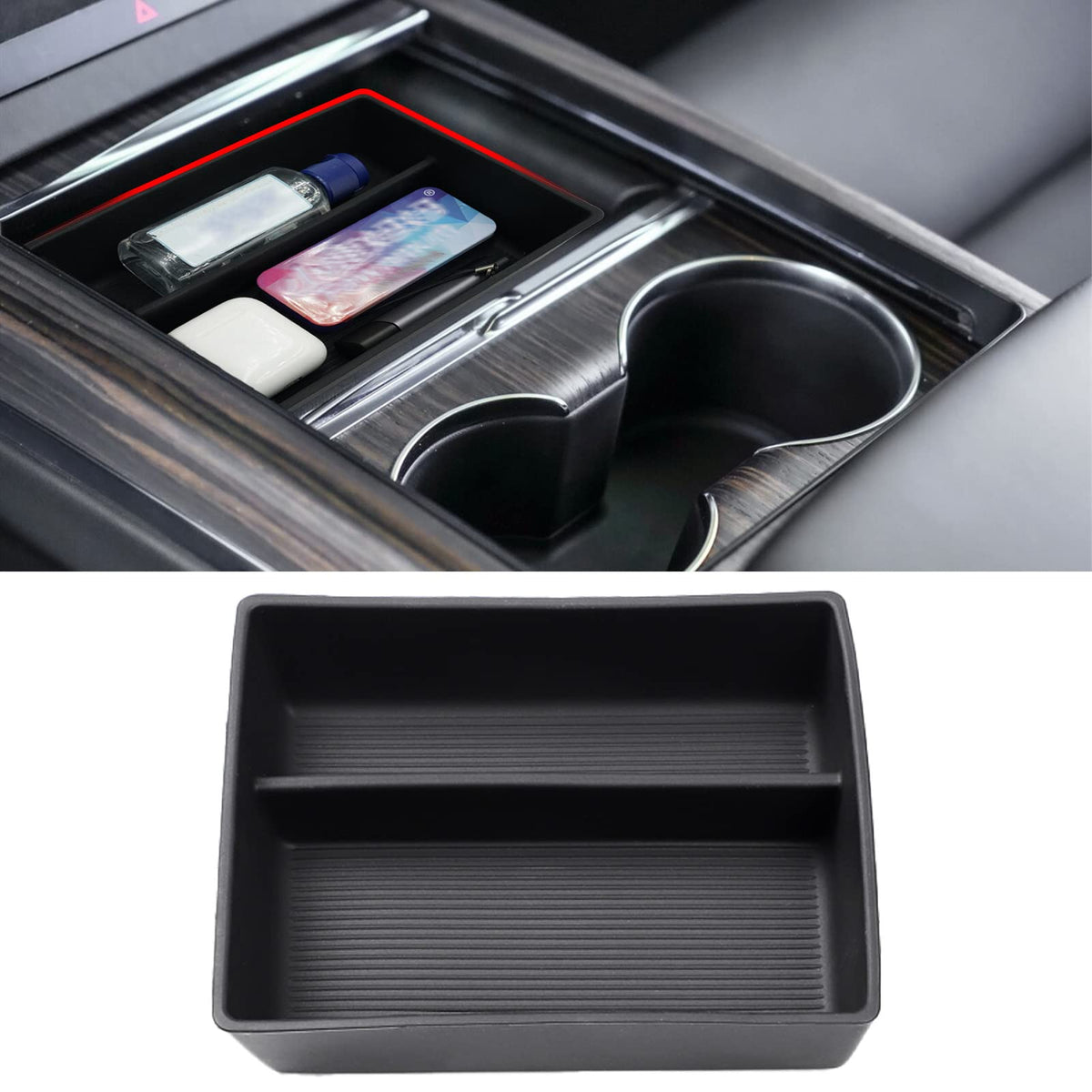 Jaronx Tesla console organizer front view keeps Model S/X center clean and accessible.