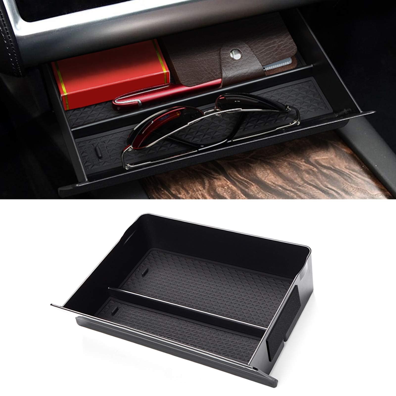 Jaronx center console cubby drawer installed in Tesla Model S/X for cleaner storage
