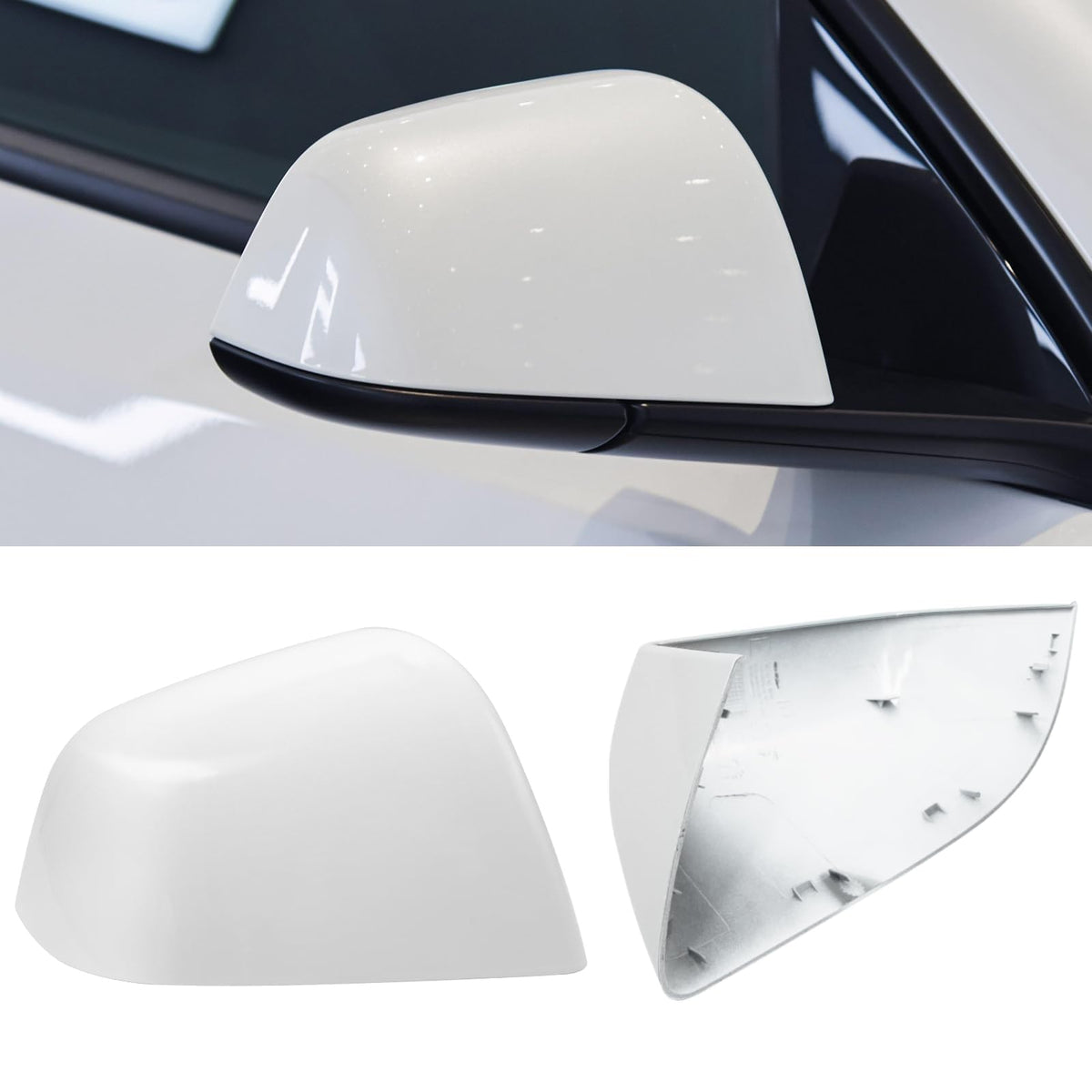 Jaronx Tesla Model Y right-side mirror cover in pearl white for precise fit.